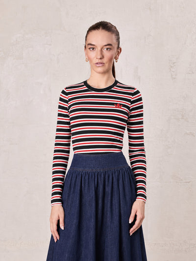 Embroidered Crown Striped Tee-Black/White/Red