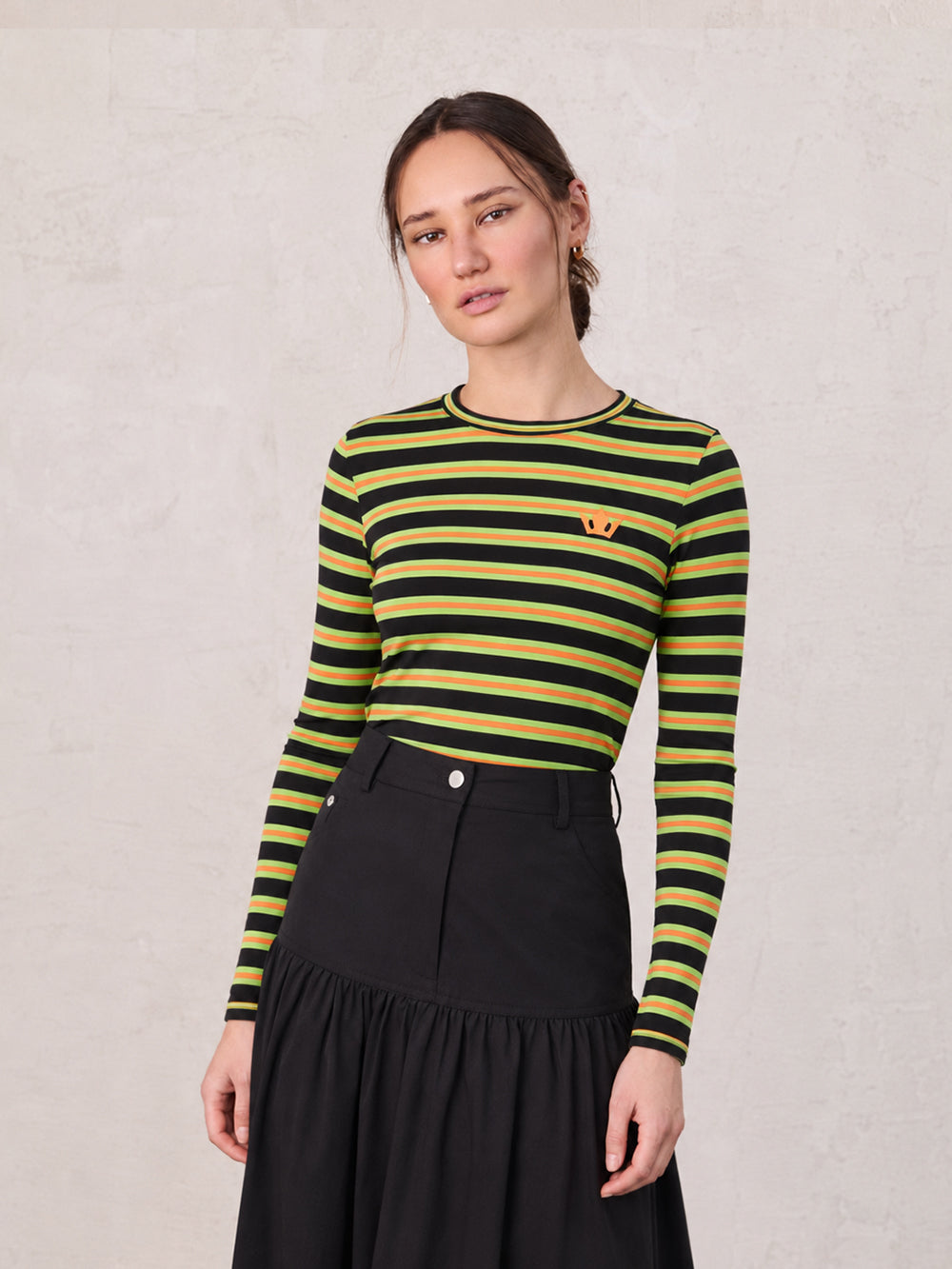 Embroidered Crown Striped Tee-Black/Yellow/Orange