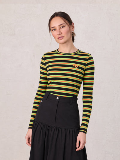 Embroidered Crown Striped Tee-Black/Yellow/Orange