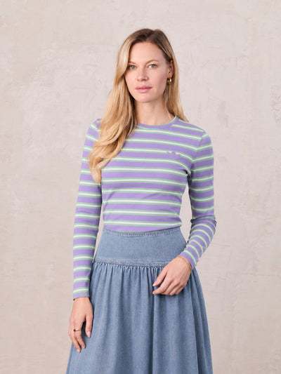 Embroidered Crown Striped Tee-Lavender/Mint/White