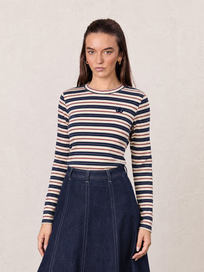 Embroidered Crown Striped Tee-Navy Stripe