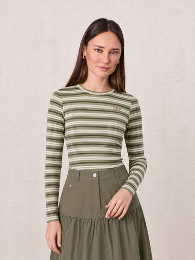 Embroidered Crown Striped Tee-Olive Stripe