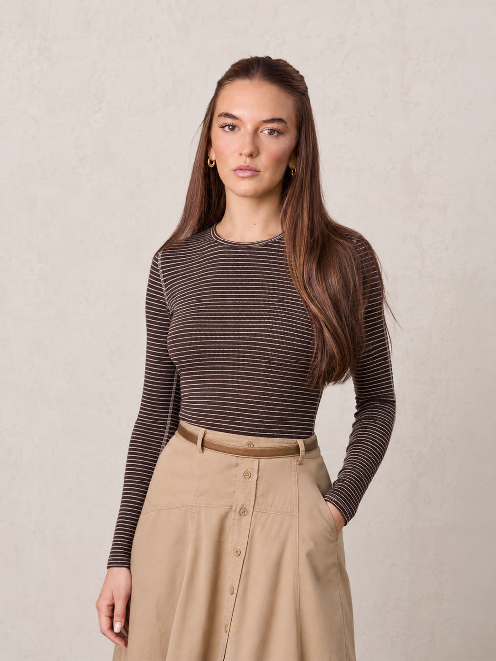 Striped Cross Stitch T-Shirt-Brown