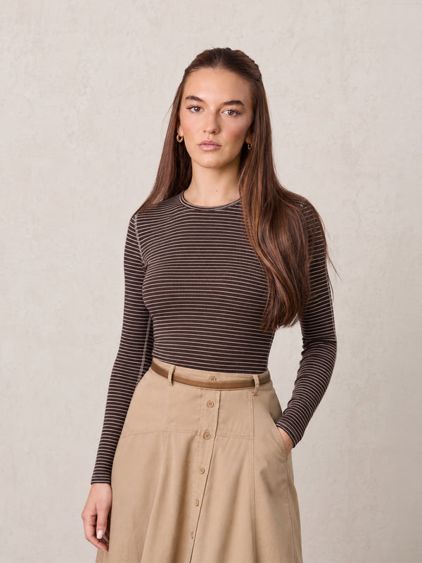Striped Cross Stitch T-Shirt-Brown