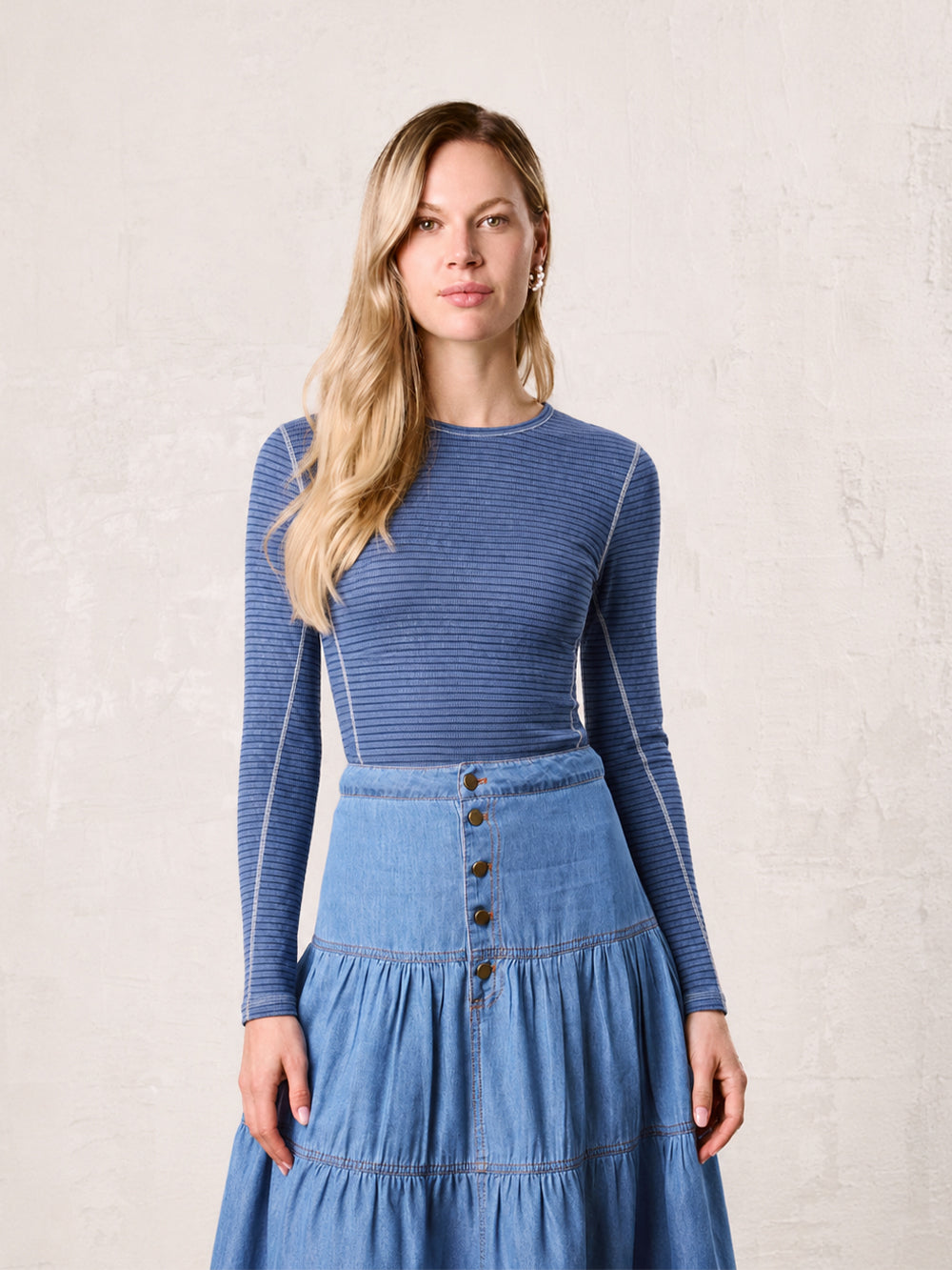 Striped Cross Stitch T-Shirt-Denim Blue