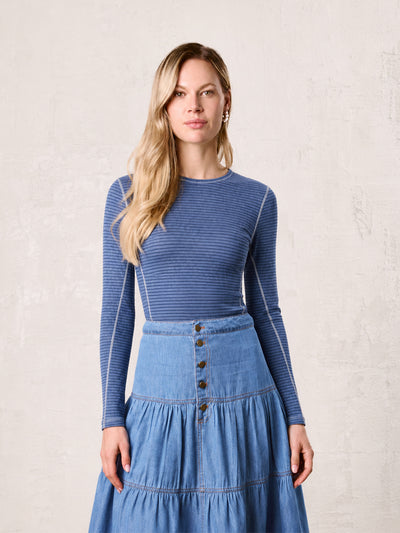 Striped Cross Stitch T-Shirt-Denim Blue