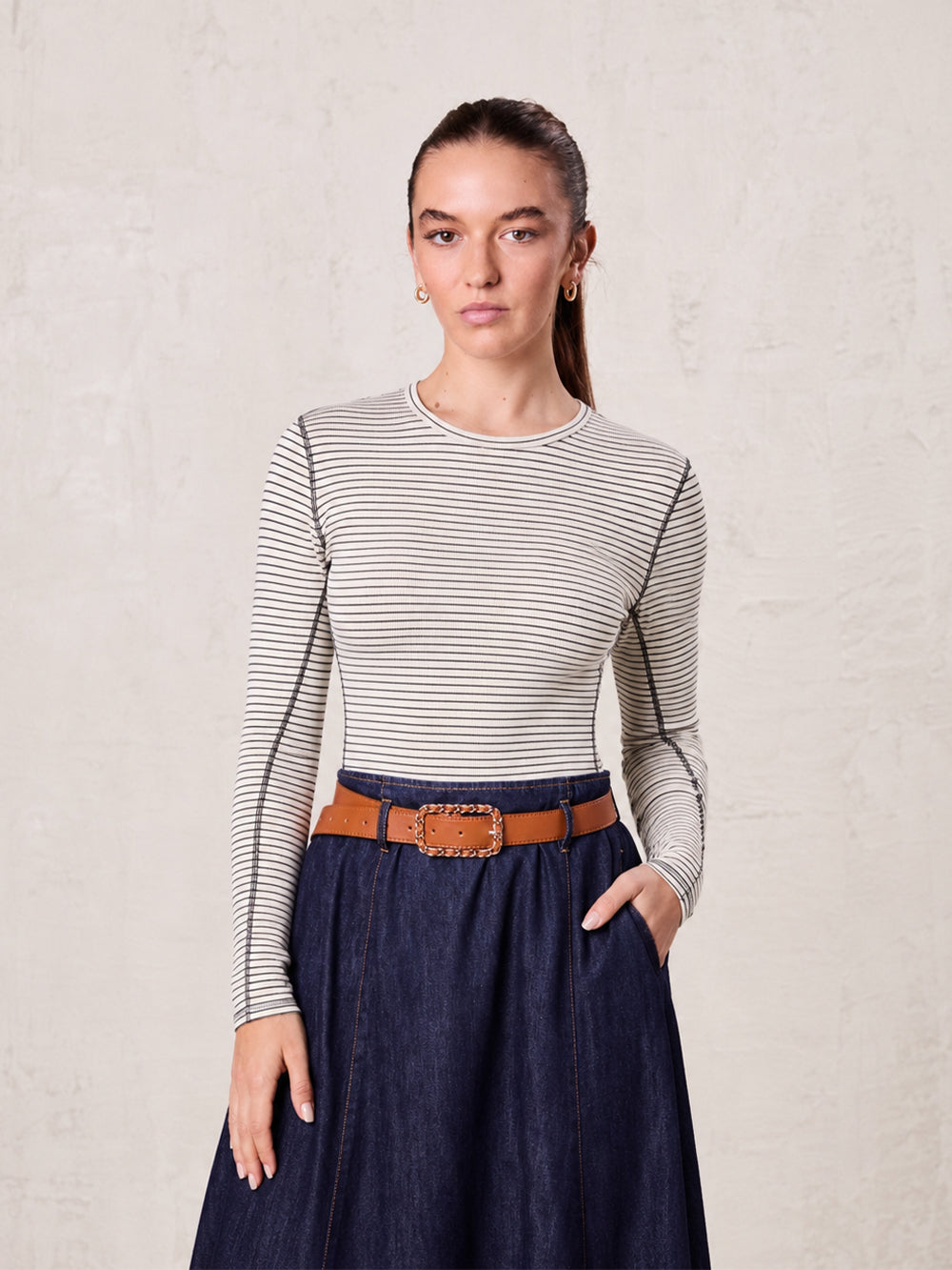 Striped Cross Stitch T-Shirt-Grey