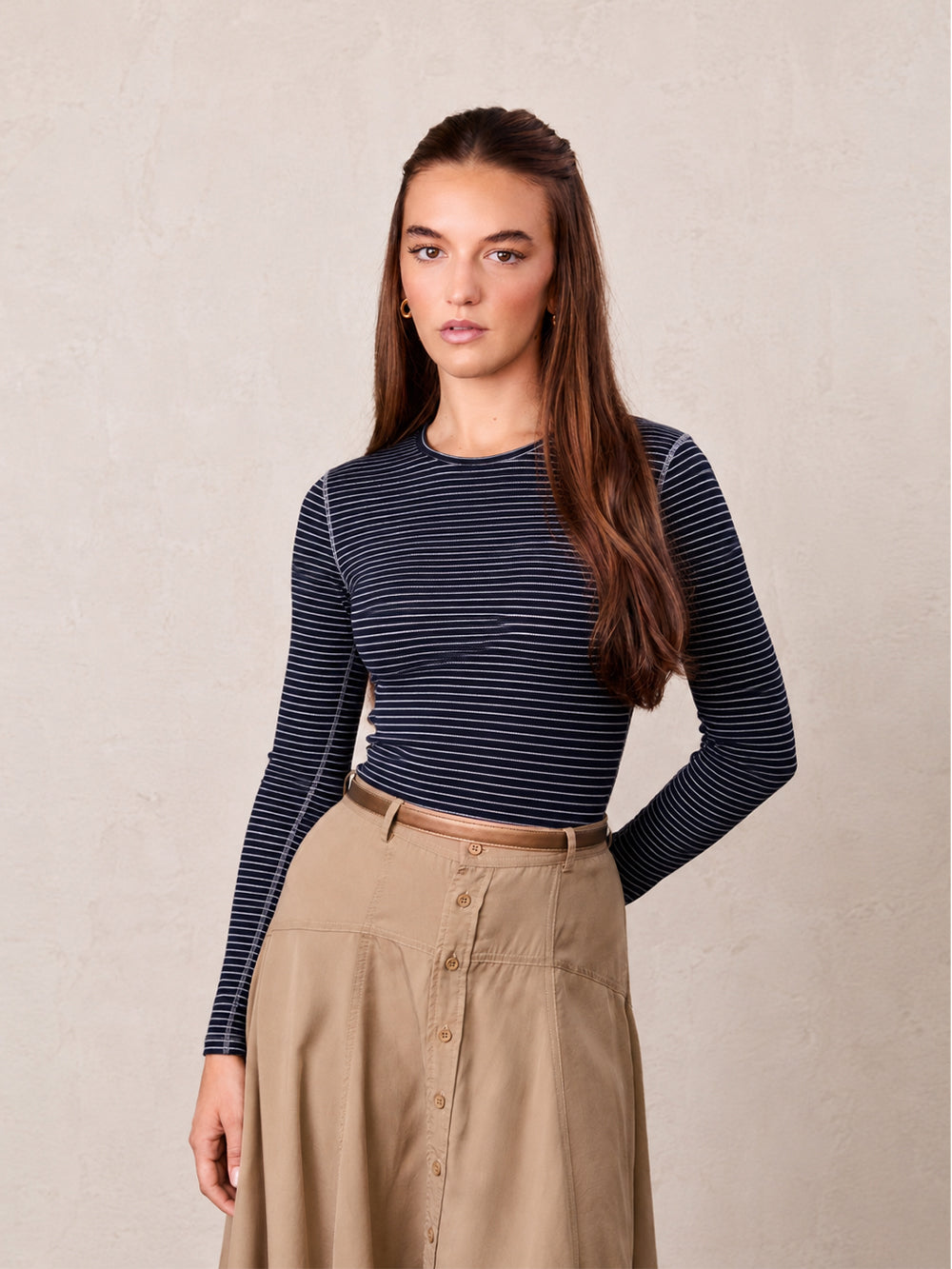 Striped Cross Stitch T-Shirt-Navy