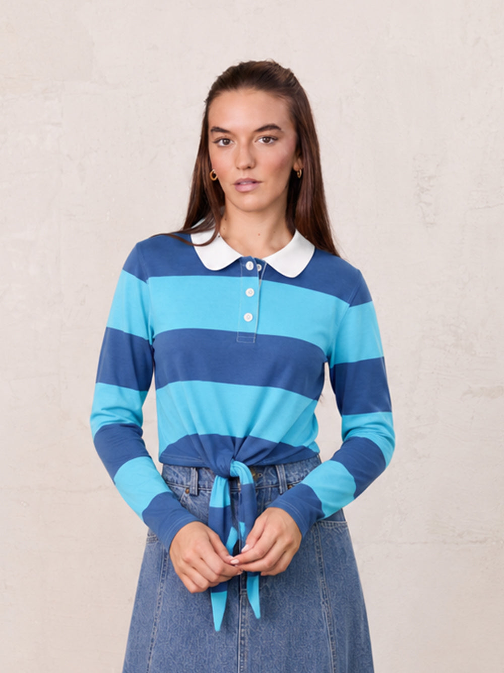 Striped Tie Bottom T-Shirt-Blue