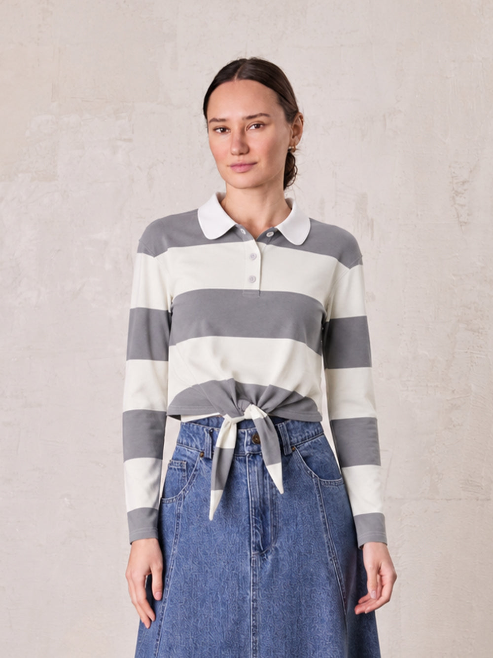 Striped Tie Bottom T-Shirt-Grey