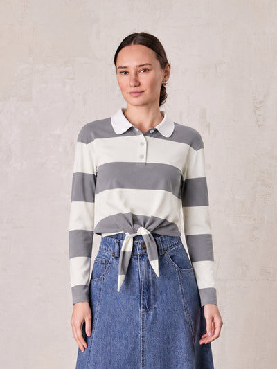 Striped Tie Bottom T-Shirt-Grey