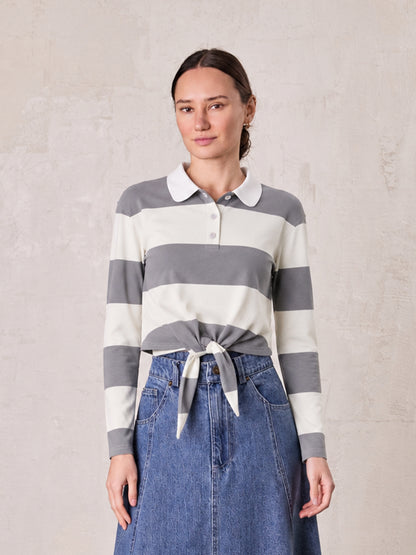 Striped Tie Bottom T-Shirt-Grey