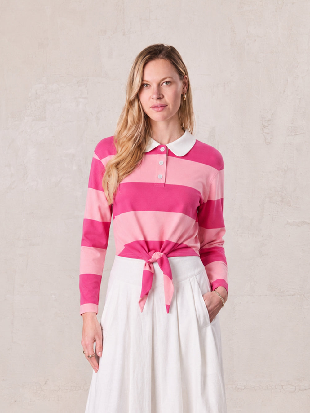 Striped Tie Bottom T-Shirt-Pink