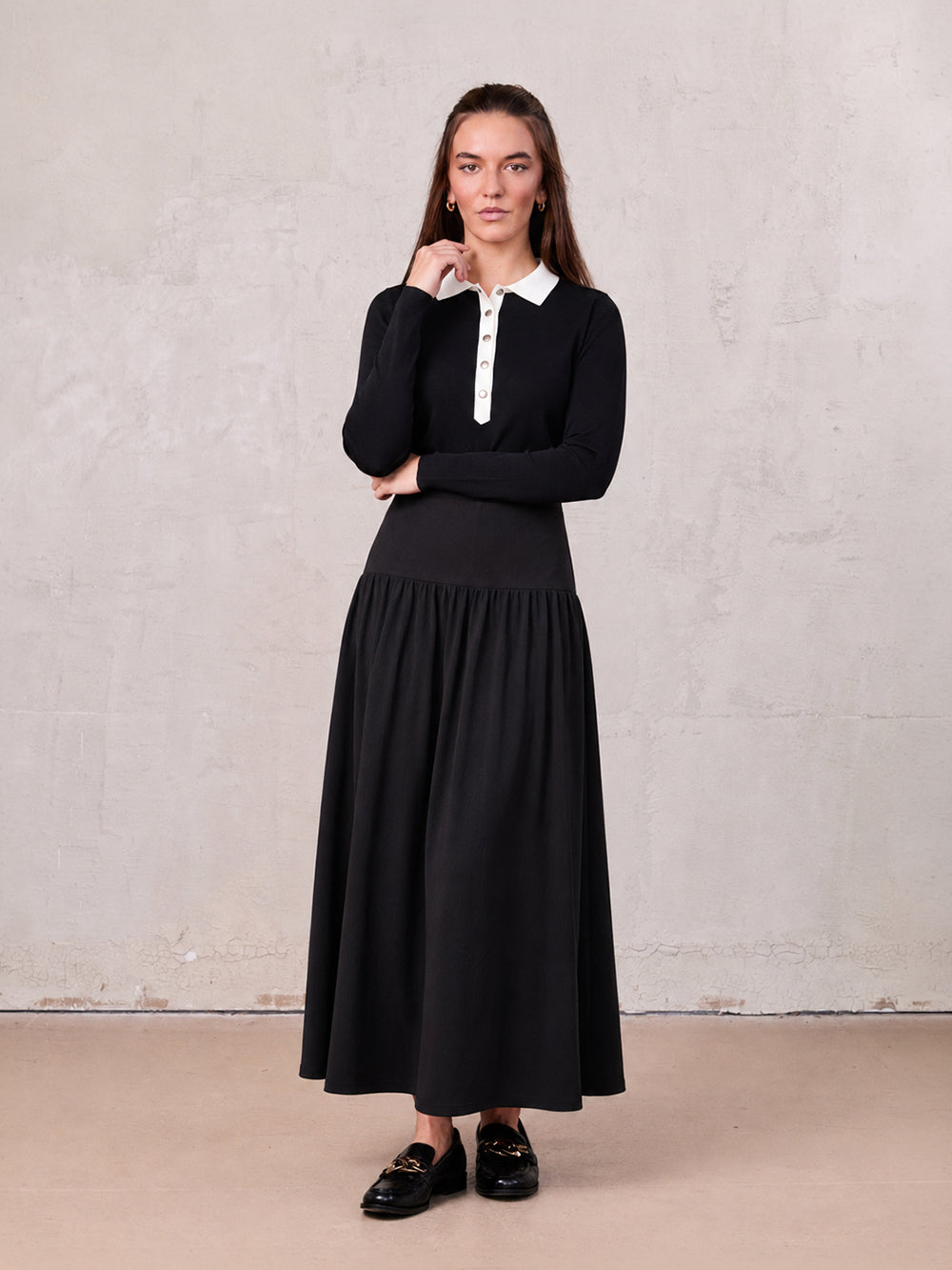 T-Shirt Ribbed Yoke Skirt-Black