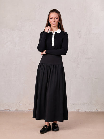 T-Shirt Ribbed Yoke Skirt-Black