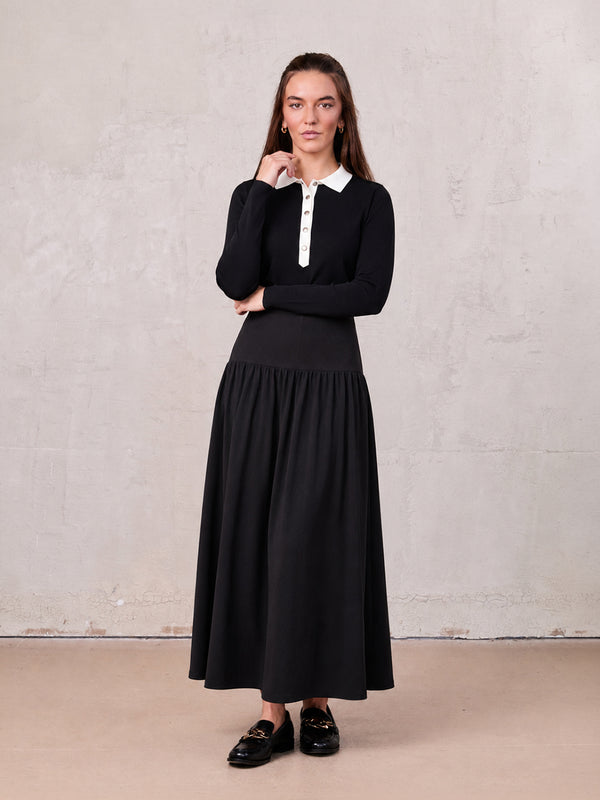 T-Shirt Ribbed Yoke Skirt-Black
