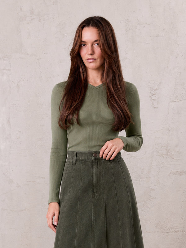 Basic High V Tee Long Sleeve-Army Green