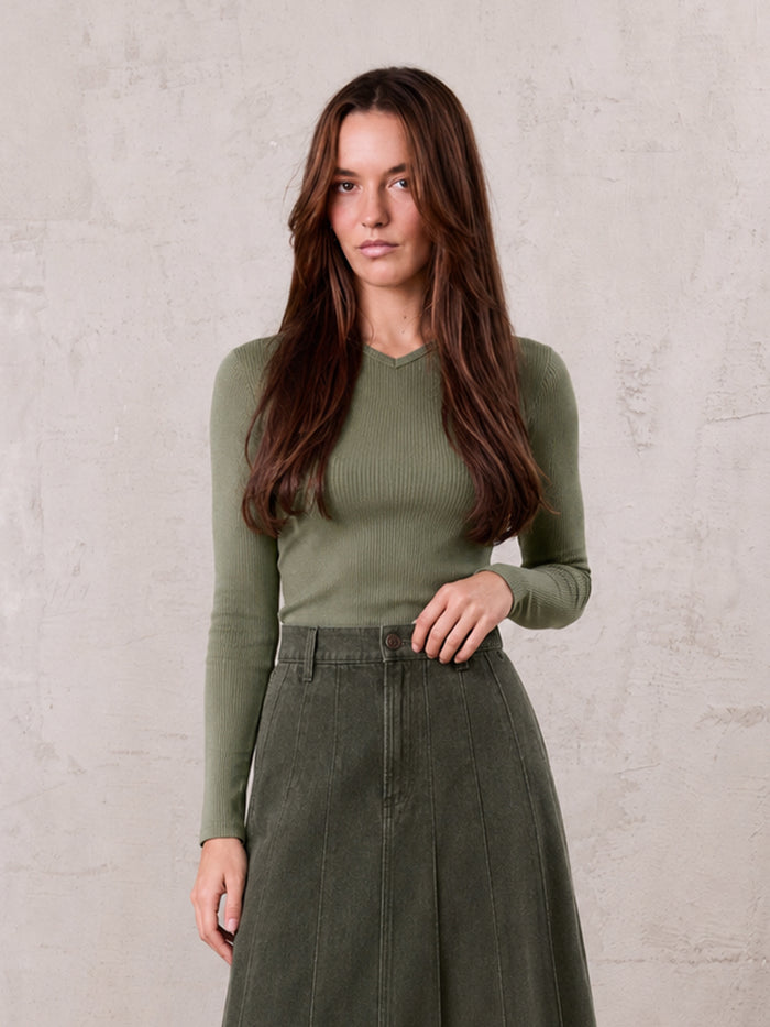 Basic High V Tee Long Sleeve-Army Green