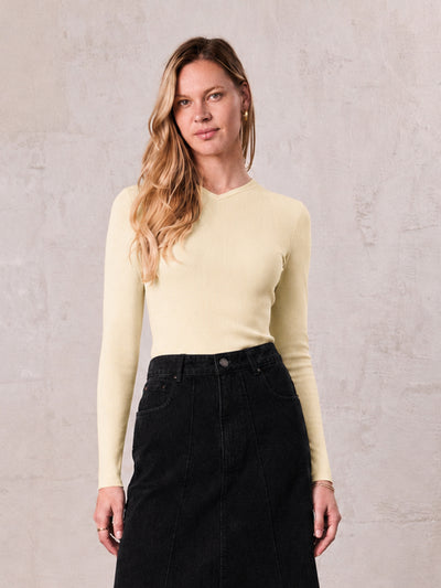 Basic High V Tee Long Sleeve-Butter Yellow