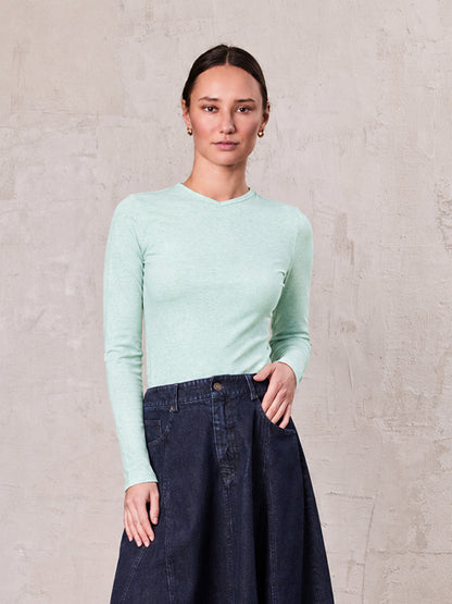 Basic High V Tee Long Sleeve-Heathered Mint/Grey