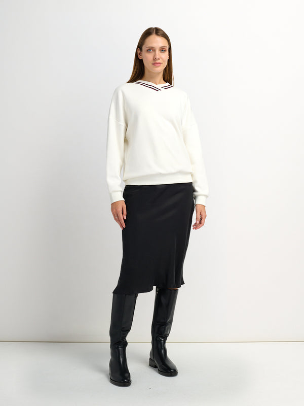 Ribbed Neck High V Sweatshirt - White/Burgundy