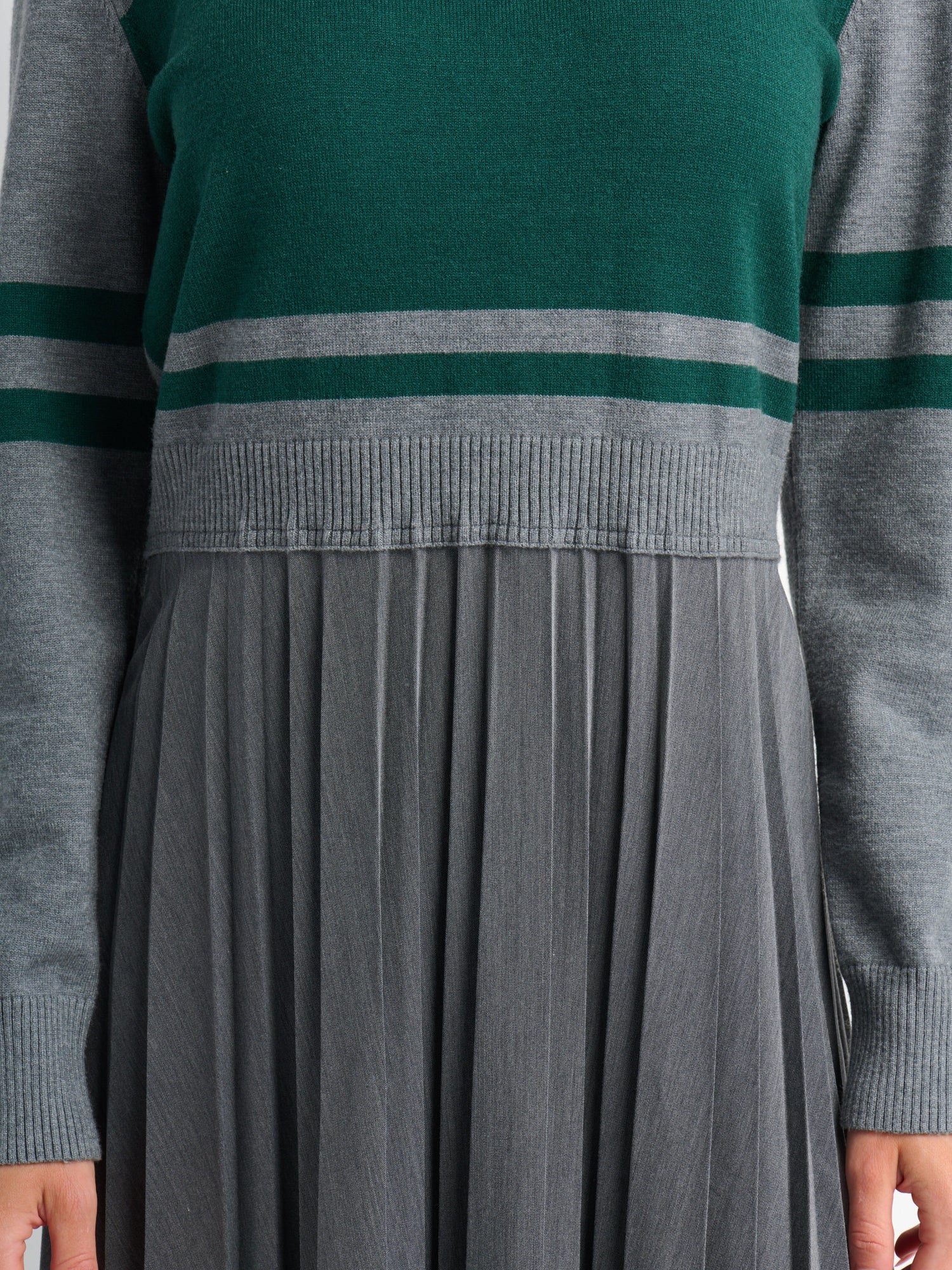Sweater Top Pleated Dress - Grey/Green