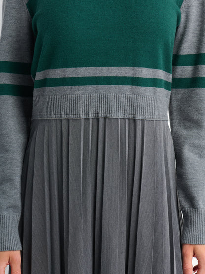Sweater Top Pleated Dress - Grey/Green