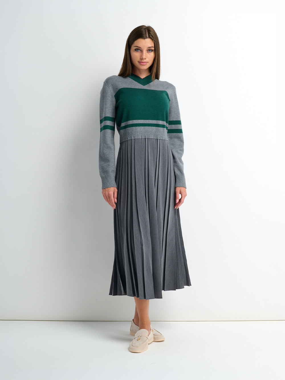 Sweater Top Pleated Dress - Grey/Green