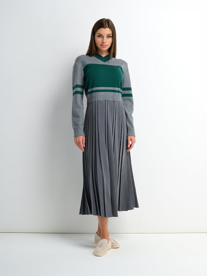 Sweater Top Pleated Dress - Grey/Green