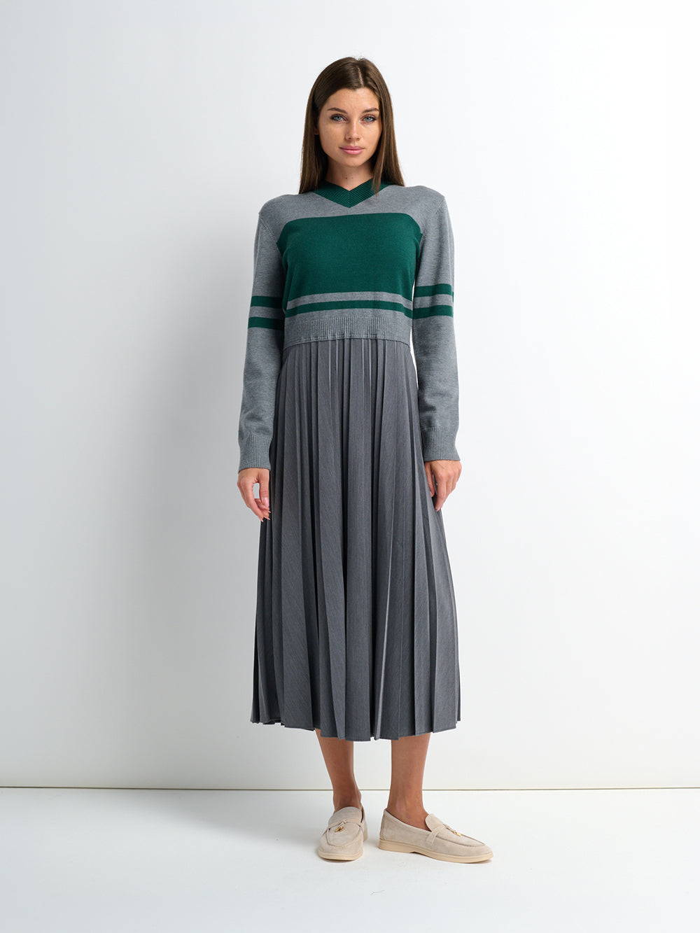 Sweater Top Pleated Dress - Grey/Green