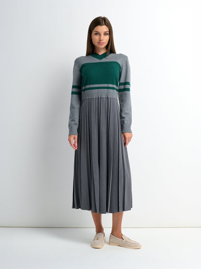 Sweater Top Pleated Dress - Grey/Green