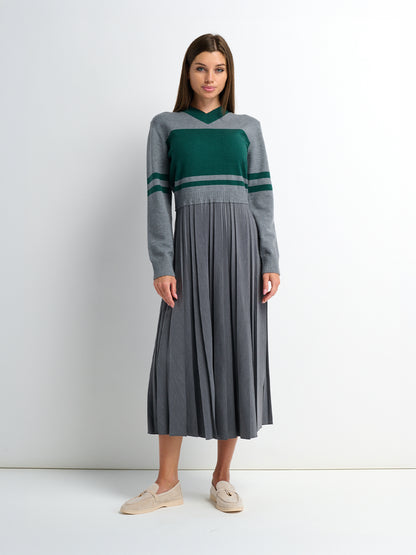 Sweater Top Pleated Dress - Grey/Green