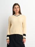 High V Waffle Sweater - Cream/Black