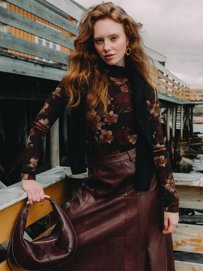 Smoked Faux Leather Skirt - Burgundy