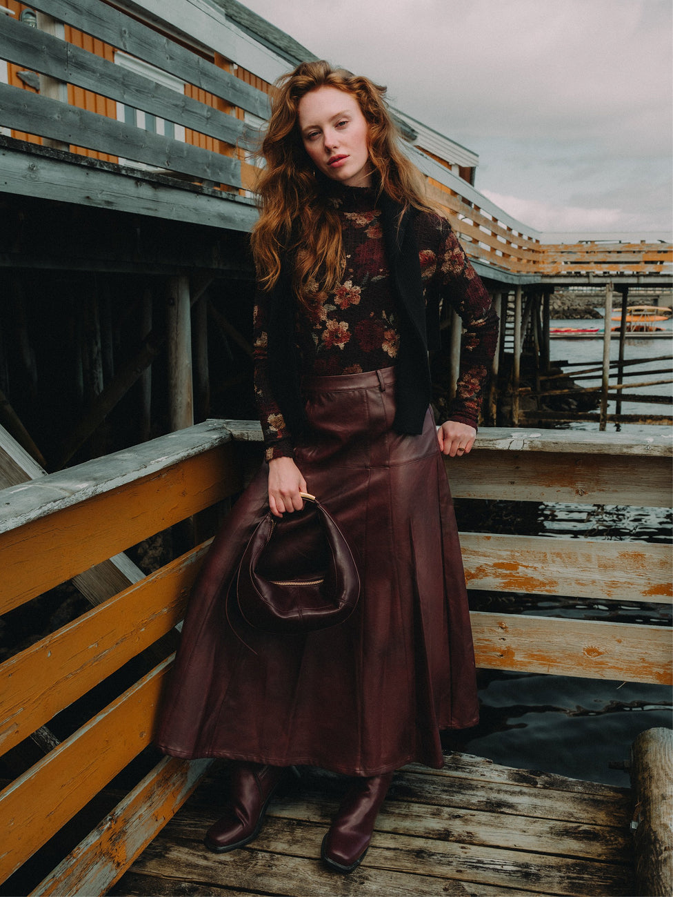 Smoked Faux Leather Skirt - Burgundy