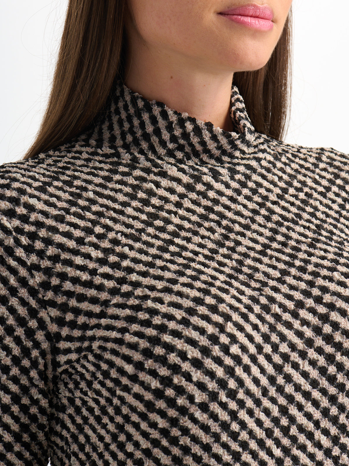 Printed Stretch Textured Turtle Neck - Black and White Checked