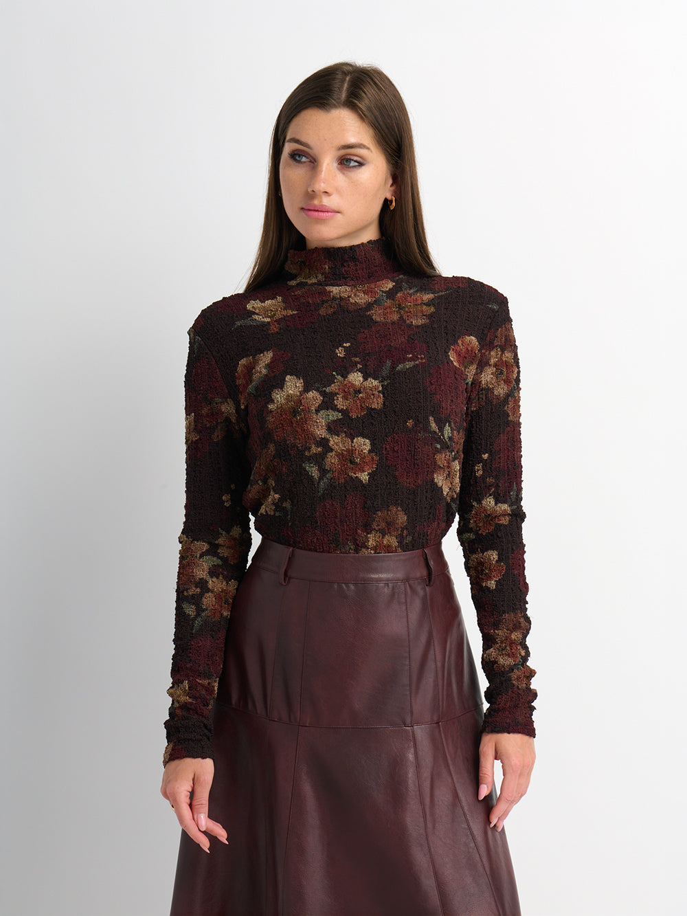 Printed Stretch Textured Turtle Neck - Brown Floral