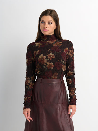 Printed Stretch Textured Turtle Neck - Brown Floral