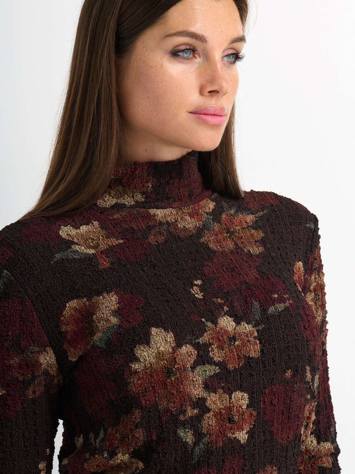 Printed Stretch Textured Turtle Neck - Brown Floral