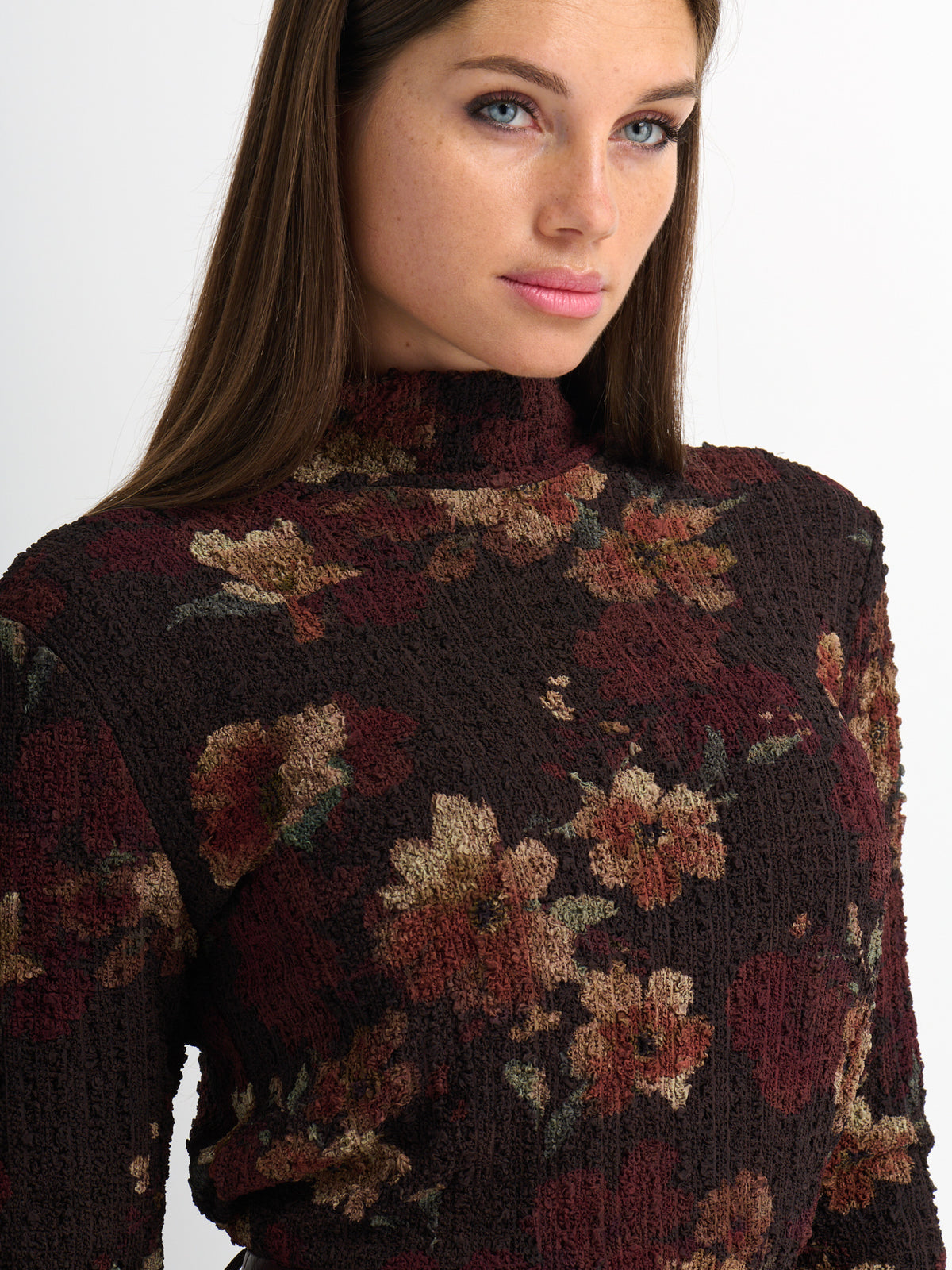 Printed Stretch Textured Turtle Neck - Brown Floral