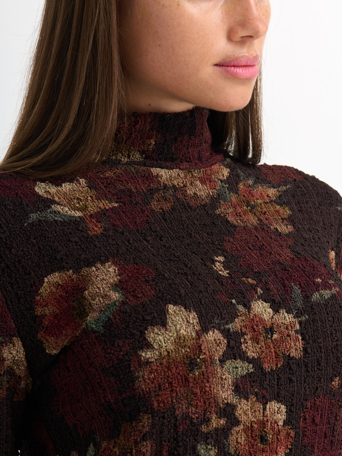 Printed Stretch Textured Turtle Neck - Brown Floral