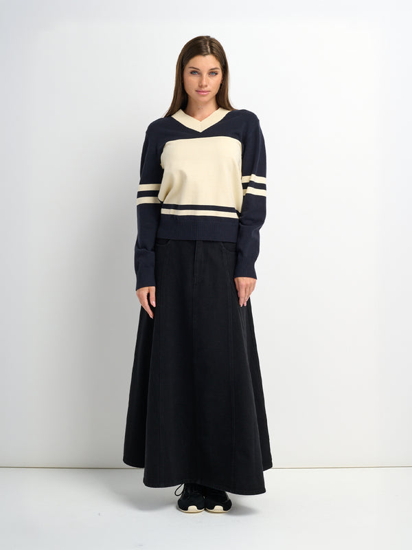 V Neck Wide Stripe Sweater - Navy/Cream