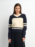 V Neck Wide Stripe Sweater - Navy/Cream