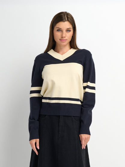 V Neck Wide Stripe Sweater - Navy/Cream