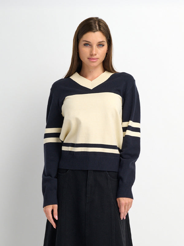 V Neck Wide Stripe Sweater - Navy/Cream