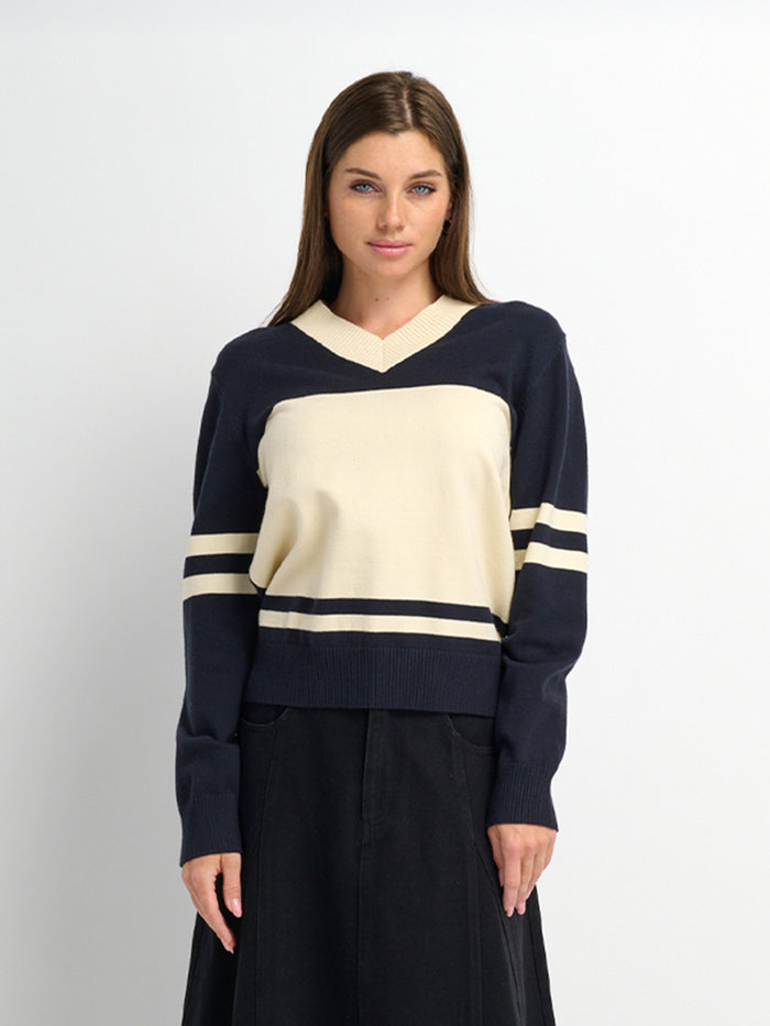 V Neck Wide Stripe Sweater - Navy/Cream