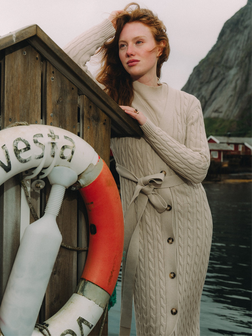 Cable Belted Long Sweater Dress - Tan