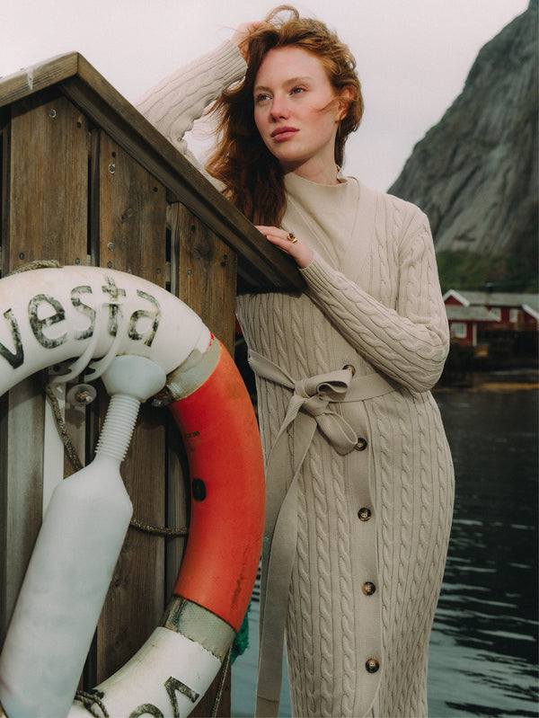 Cable Belted Long Sweater Dress - Tan