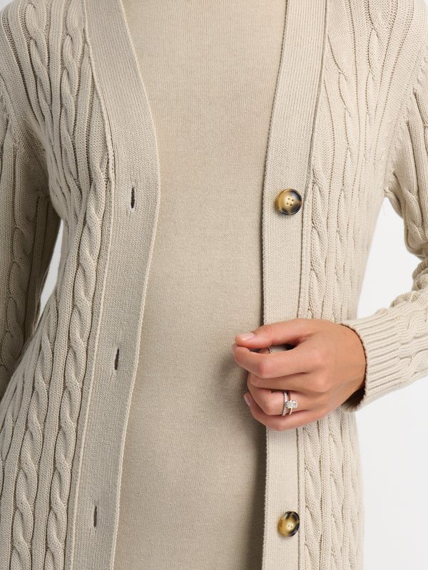 Cable Belted Long Sweater Dress - Tan