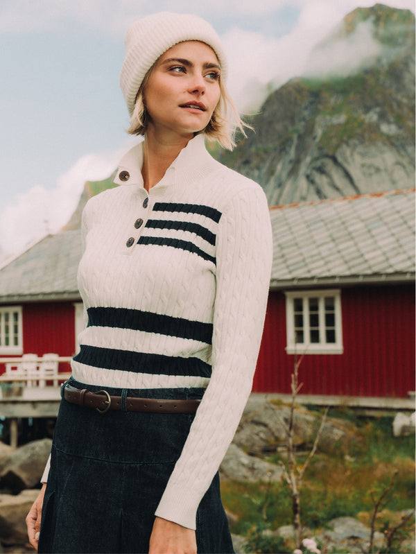 Mix Stripe Cable Sweater - White and Navy